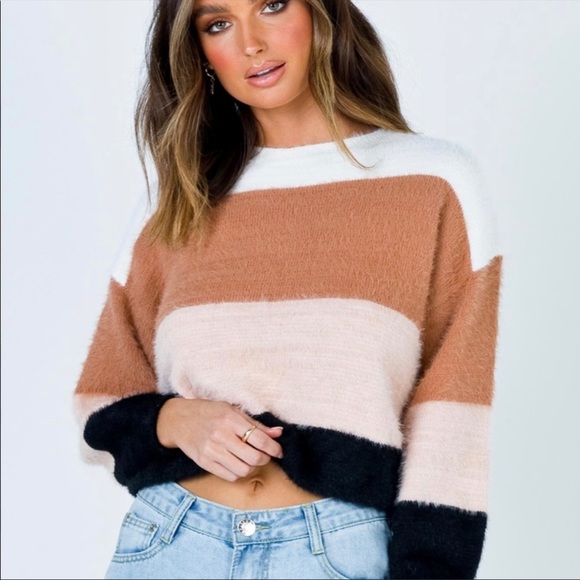 Princess Polly Petronilla Crew Neck Multi Colorblock Fuzzy Sweater - Picture 2 of 7